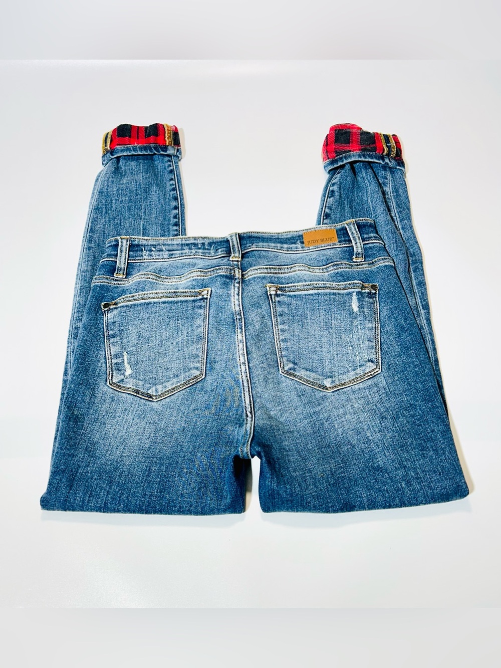Judy Blue Jeans Skinny Fit jeans with Red Plaid Cuff flannel lined women size 29